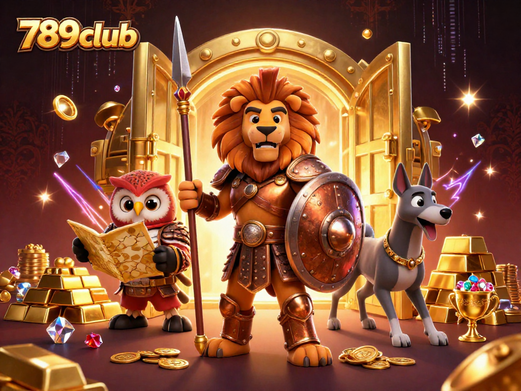 Experience thrilling gameplay at 789club with a vibrant 3D illustration showcasing lions, legends, and treasures.