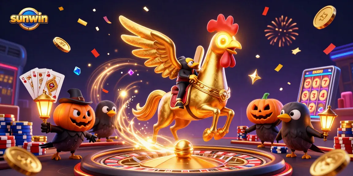 Engage with sunwin casino fun featuring a golden rooster in an exciting gaming scene.