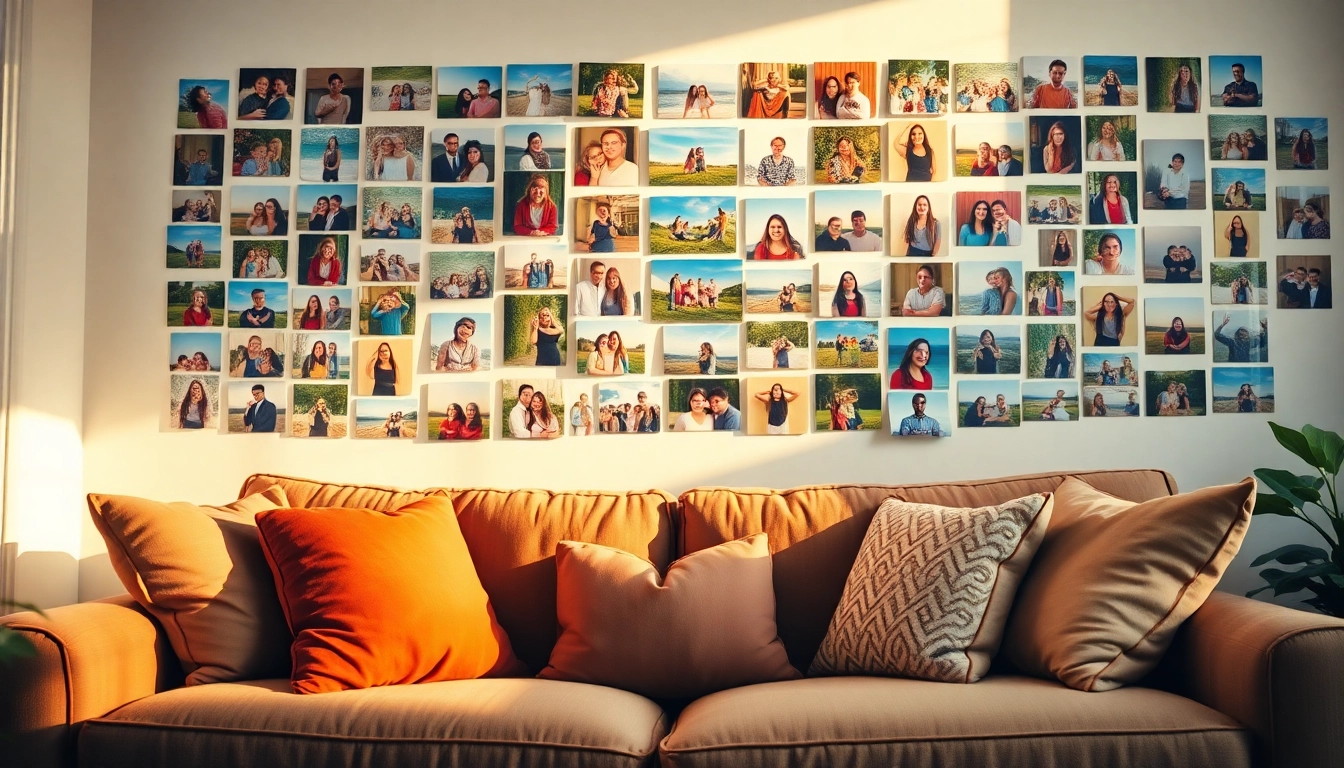 Create an engaging photo wall showcasing various vibrant moments in a cozy setting.