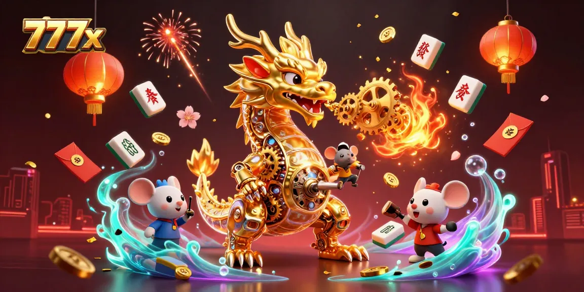 A golden dragon and mouse engineer showcase 777x's casino excitement with vibrant elements and festive decorations.