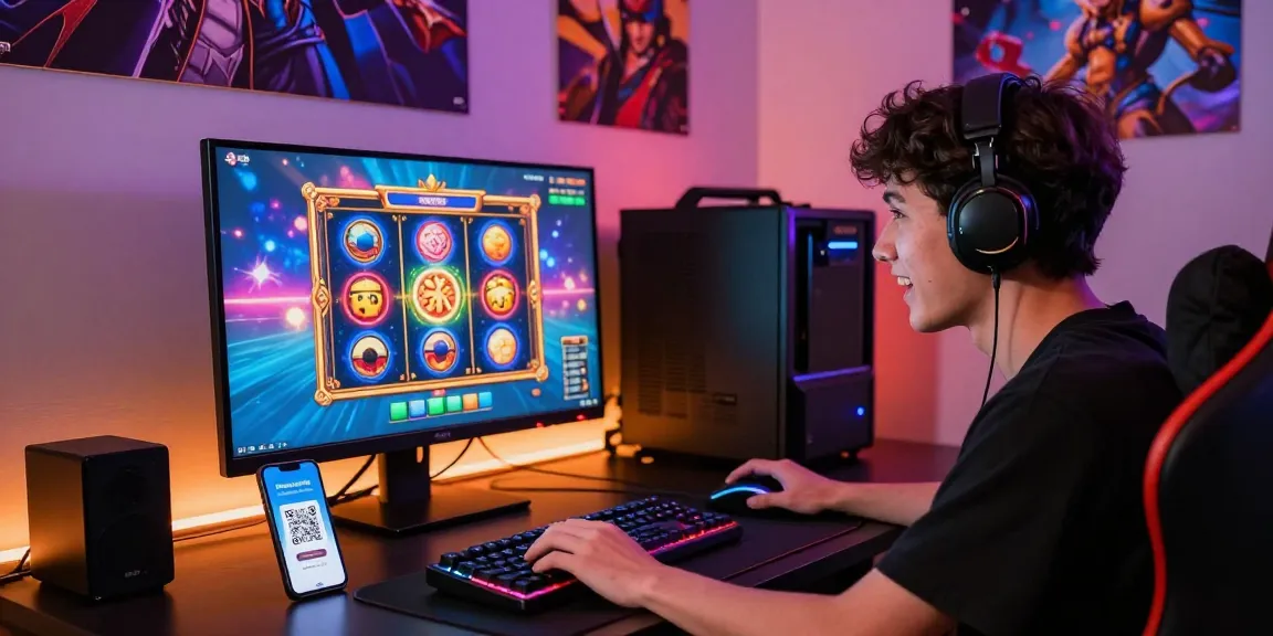 Exciting online gaming setup showcasing slot deposit qris with QR code on smartphone