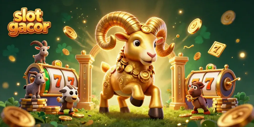 Watch the massive golden ram symbolize victory in this vibrant slot gacor-themed illustration.