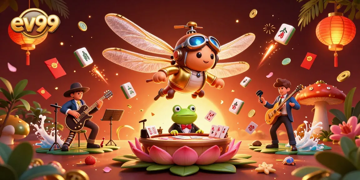 Experience thrilling wins with ev99 at a vibrant lily pad casino featuring playful characters.