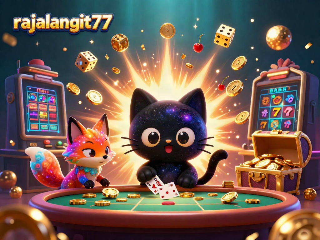 Rajalangit77 menggambarkan kucing hitam 3D dan rubah nebula di kasino luar angkasa yang menangkap chip emas.