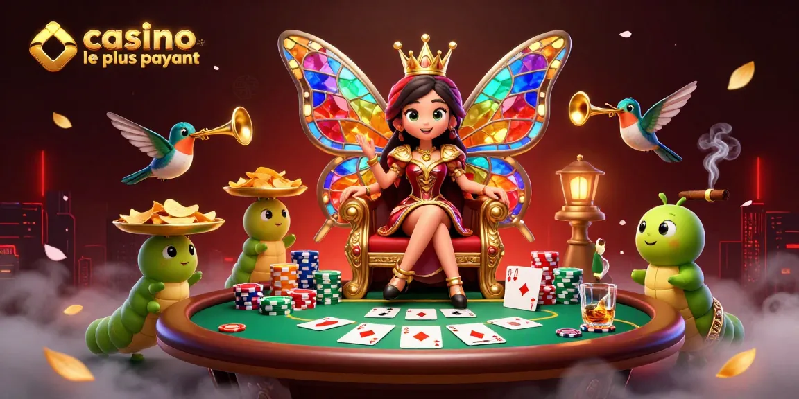 Illustration d'une reine papillon sur un trône avec des cartes de poker, casinos en ligne le plus payant.
