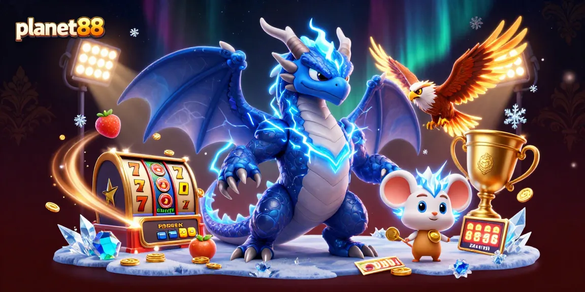 Spin to win with planet88's electrifying dragon and vibrant slot symbols in an energetic casino scene.