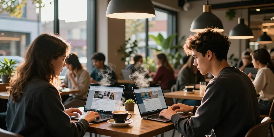 BedPersonal users engaging with local classifieds in a cozy café.