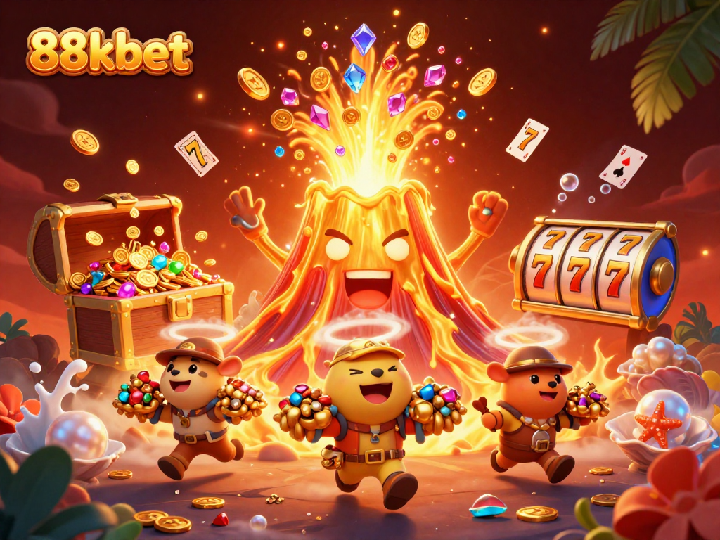 Experience the thrill of 88kbet as a triumphant volcano erupts treasure surrounded by animated gaming elements.