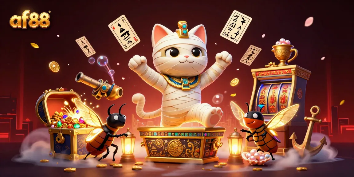 Spin to win at af88 with the mummy cat and golden treasures in a vibrant casino scene.