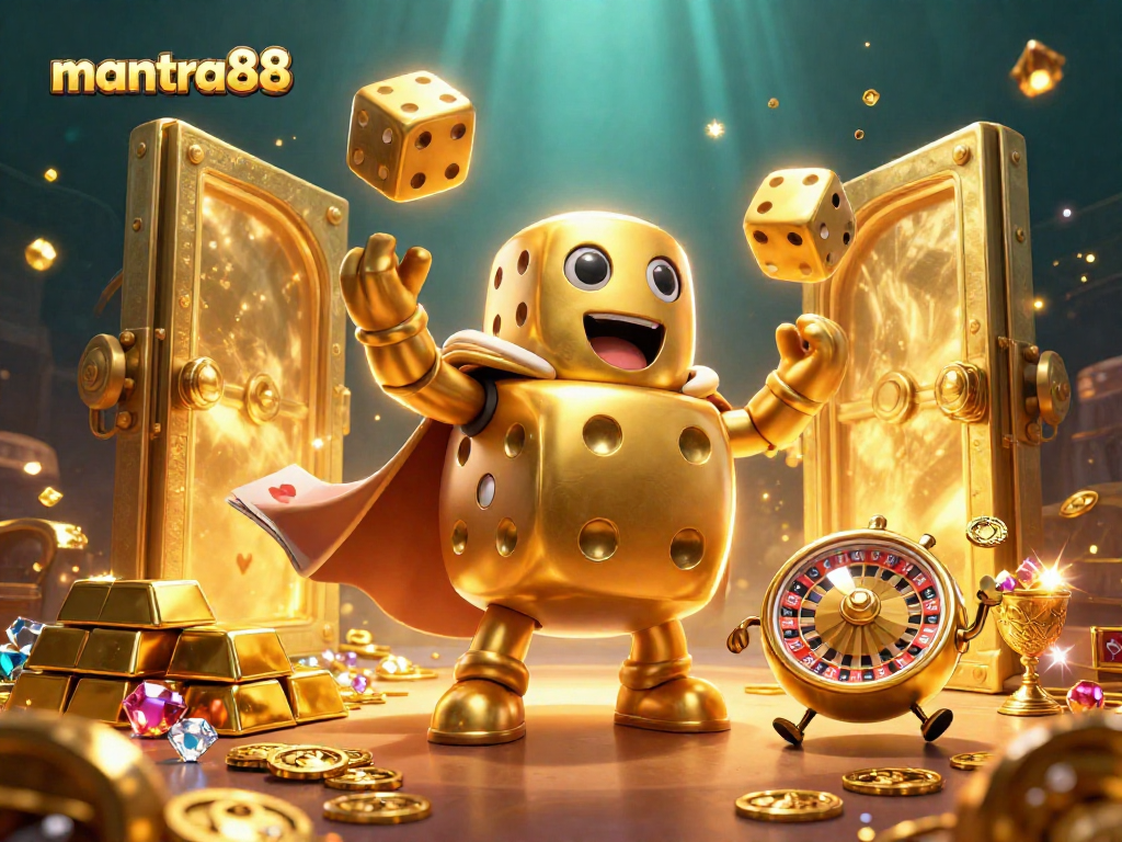 Engage with mantra88's thrilling gaming experience featuring a golden dice golem juggling luck.