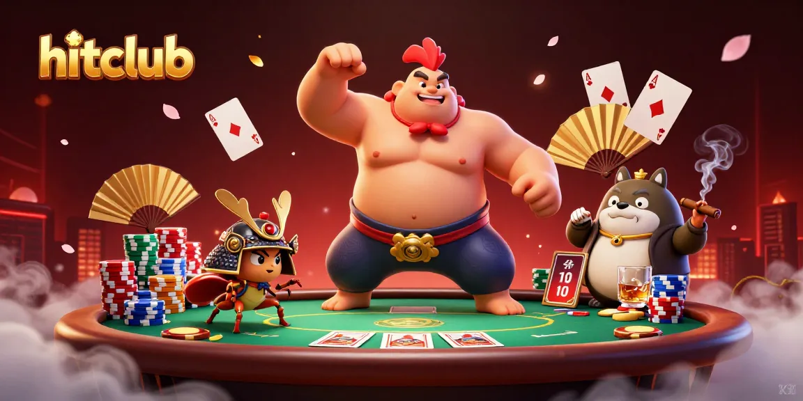 Join the hitclub for an exciting poker showdown featuring a powerful sumo rooster, a fighting cricket, and a tanuki announcer!