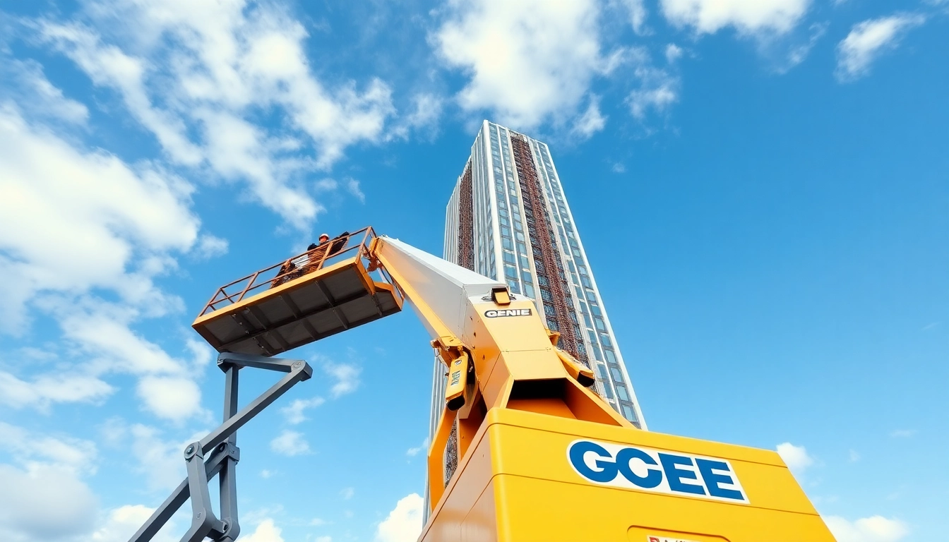 Operating Genie boom lift elevating workers for construction tasks on a building.
