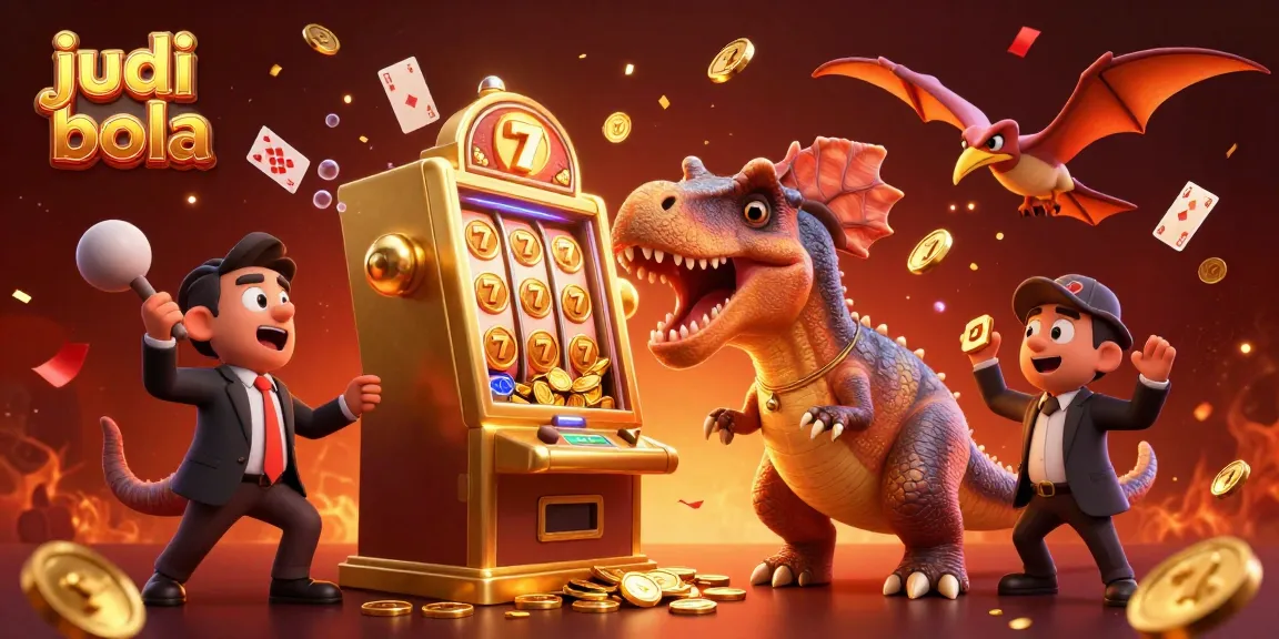 Ilustrasi judi bola menampilkan pterosaurus, manajer kasino, dan slot mesin emas yang memancarkan koin jackpot.