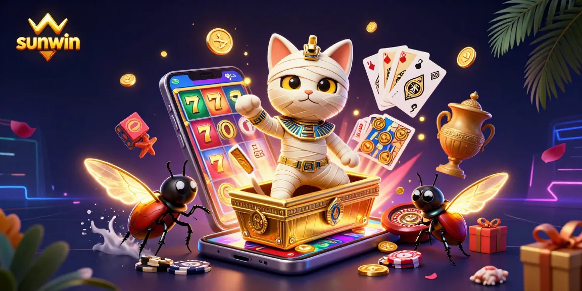 Join the sunwin adventure with a mummy cat and glowing scarab amidst vibrant casino games.