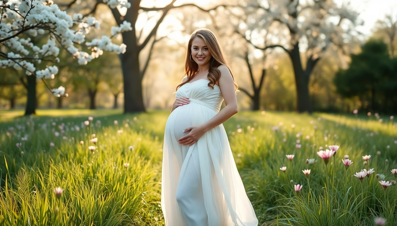 Maternity photoshoot of a pregnant woman in a floral park, capturing joy and anticipation in bright natural light.