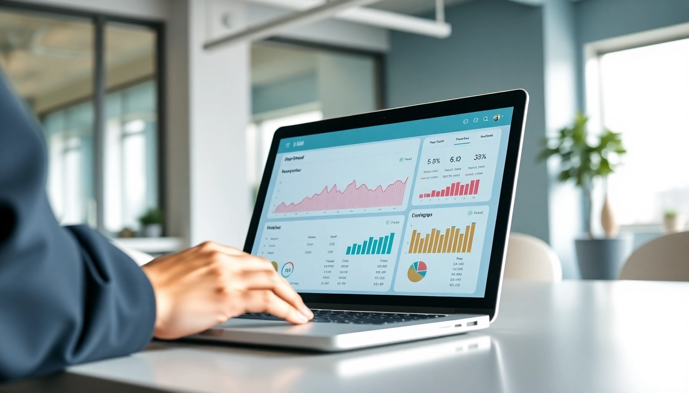 View a website with built-in SEO dashboard showcasing metrics and analytics in a modern office