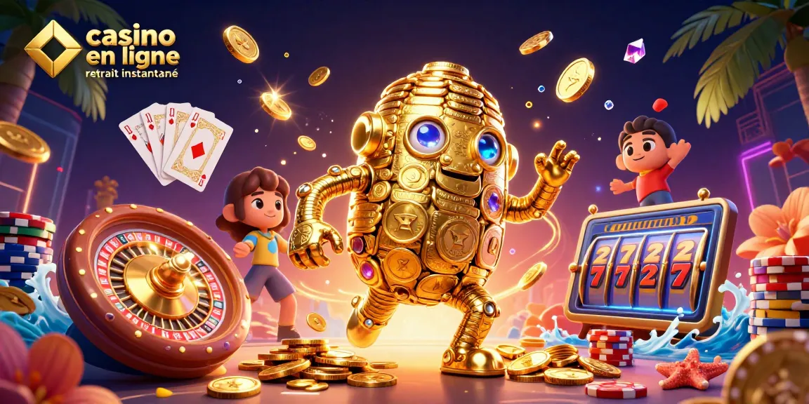 Découvrez des gains rapides avec un casino en ligne retrait instantané, illustré par un golem d'or et des symboles de jeu.