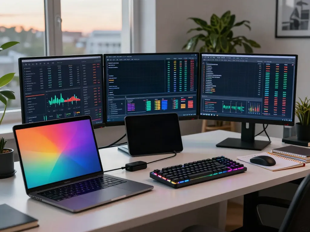 Data visualization in a crypto order book API setup with Bitcoin and Ethereum prices on multiple monitors, showcasing advanced trading tools in a secure environment.