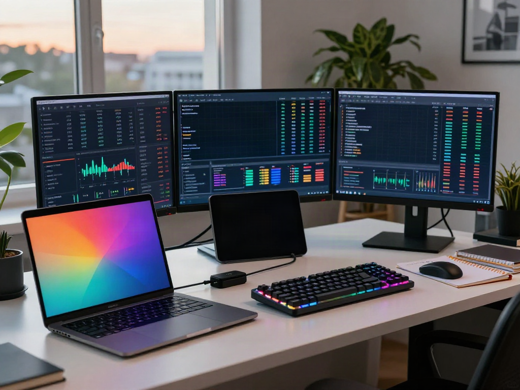 Data visualization in a crypto order book API setup with Bitcoin and Ethereum prices on multiple monitors, showcasing advanced trading tools in a secure environment.