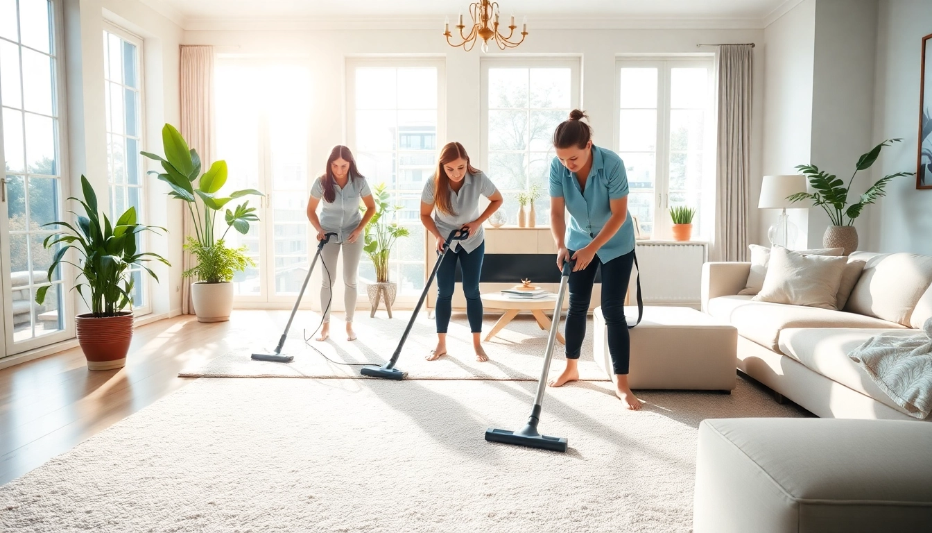 Bond cleaning experts diligently performing cleaning tasks in a sunlit living room.