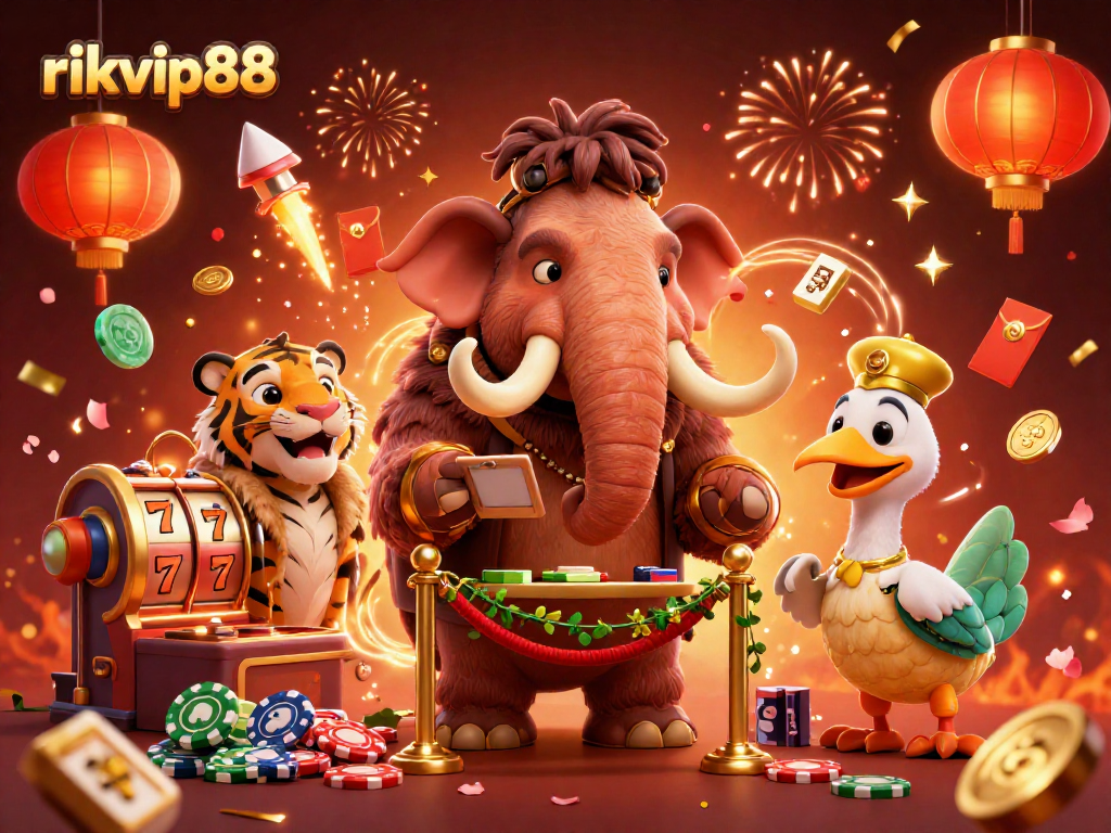 Experience the vibrant realm of rikvip88 with a woolly mammoth bouncer and saber-tooth guest in an animated casino scene.