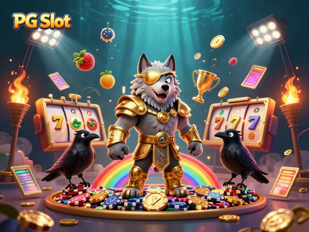 Experience PG Slot excitement with an Odin wolf and gaming elements in a vibrant illustration.
