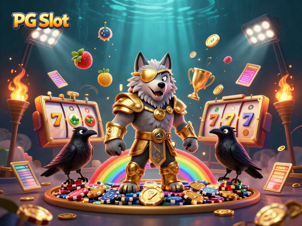 Experience PG Slot excitement with an Odin wolf and gaming elements in a vibrant illustration.