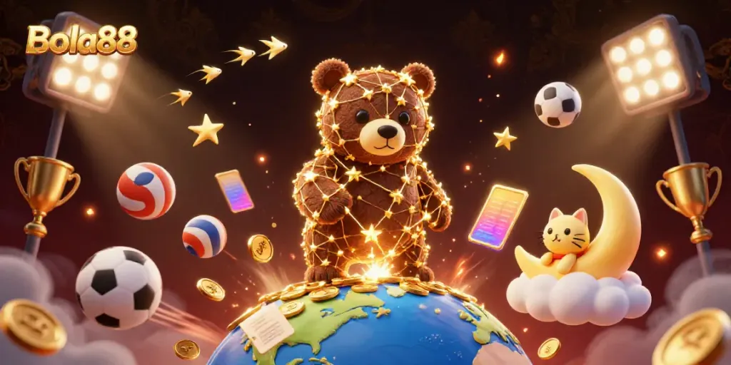 Bola88 promotes sports betting excitement with a dynamic illustration of golden stars, sports balls, and winning elements.
