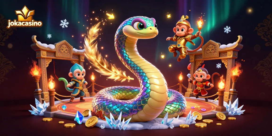 Engage at jokacasino with vibrant 3D illustration featuring a rainbow serpent and playful monkey king surrounded by casino elements.