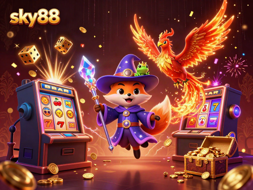 Experience thrilling gameplay at sky88 with a captivating casino scene featuring mystical characters and slot machines.