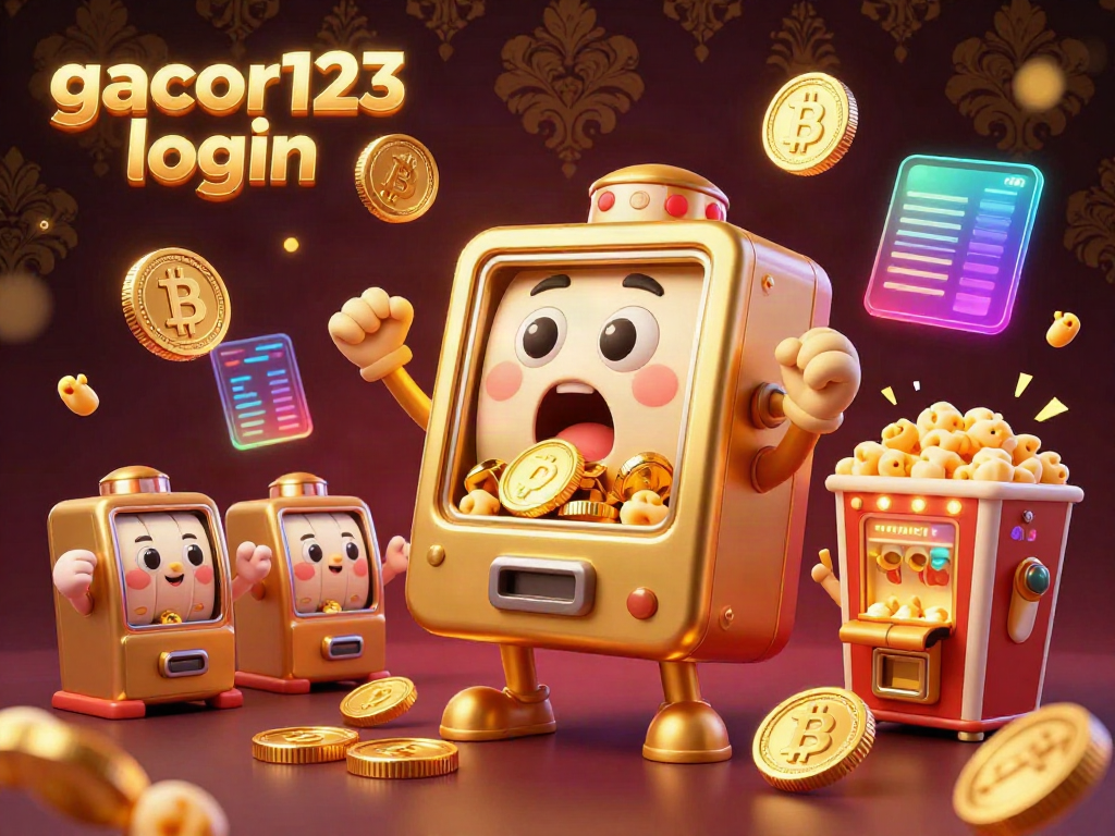 Experience the thrill of gacor123 login with a playful golden slot machine celebrating a jackpot amidst vibrant 3D crypto elements.