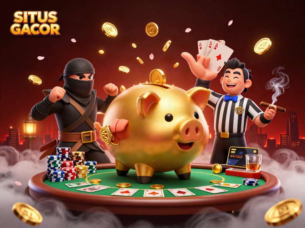 SITUS GACOR displays a golden piggy bank sumo wrestler amidst poker elements and vibrant casino action.