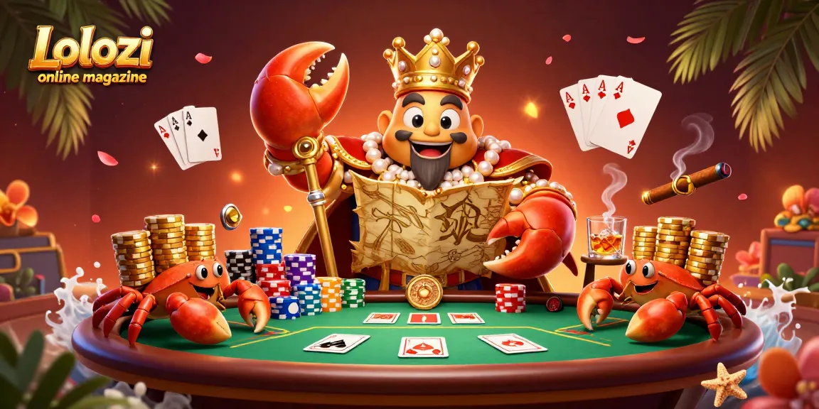 Lolozi online magazine showcases an exhilarating casino scene featuring a golden crab emperor amidst a lively poker table.