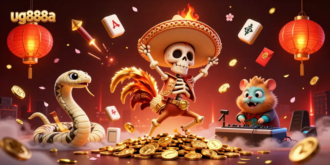 Experience the vibrancy of ug888a's online casino with a dynamic 3D scene featuring lively characters and gaming elements.
