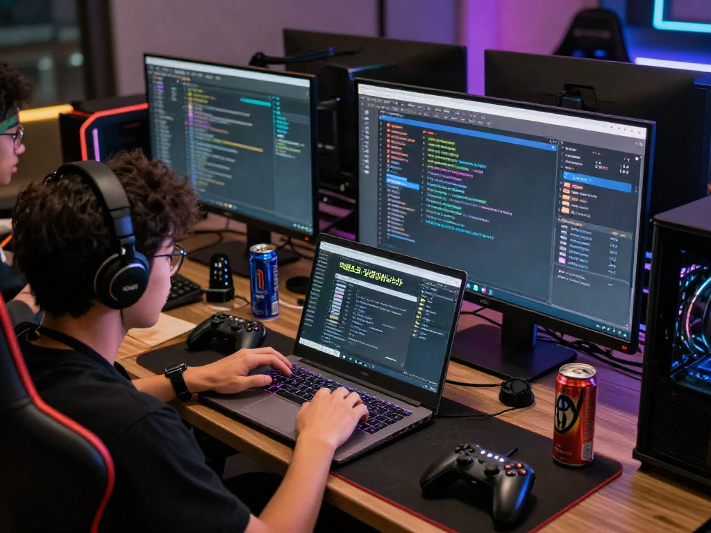 Engaging scene of a user accessing 먹튀스팟 검증사이트 for gaming verification, showcasing tech accessories and vibrant atmosphere.