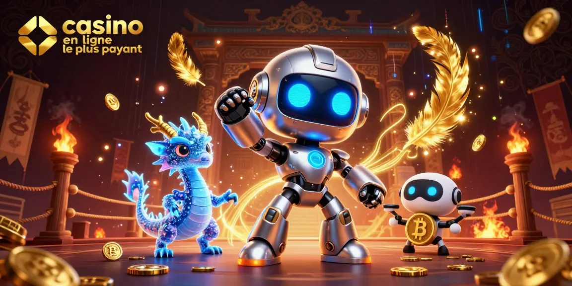 Illustration 3D d'un casino en ligne le plus payant avec un robot cyberpunk et un dragon IA.