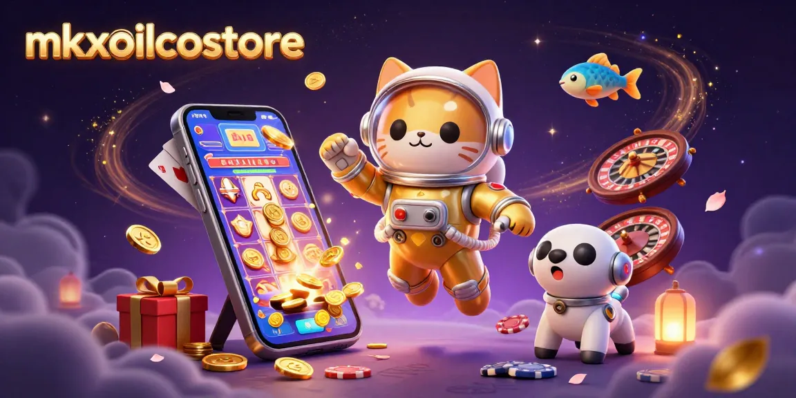 Spin the reels at mkxoilcostore with a vibrant 3D space cat illustration and exciting gaming elements.