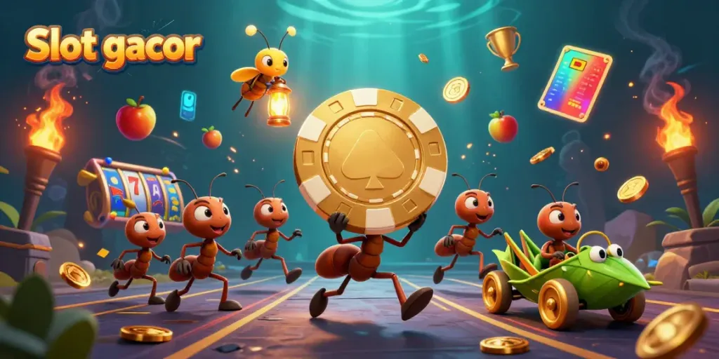 Experience the thrill of Slot gacor with ants heisting a massive poker chip amidst vibrant casino elements.