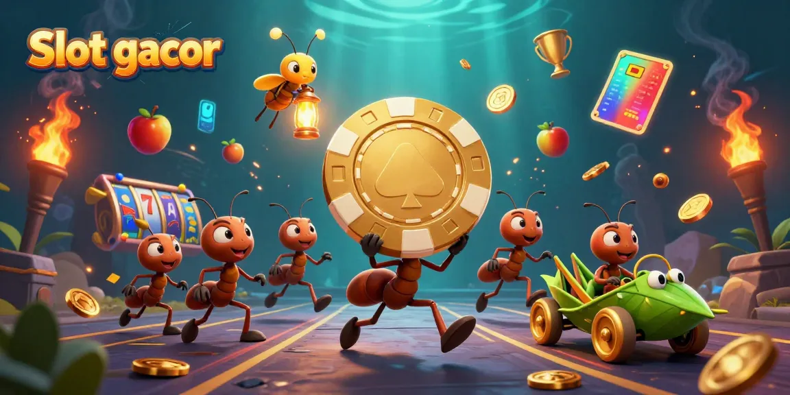 Experience the thrill of Slot gacor with ants heisting a massive poker chip amidst vibrant casino elements.