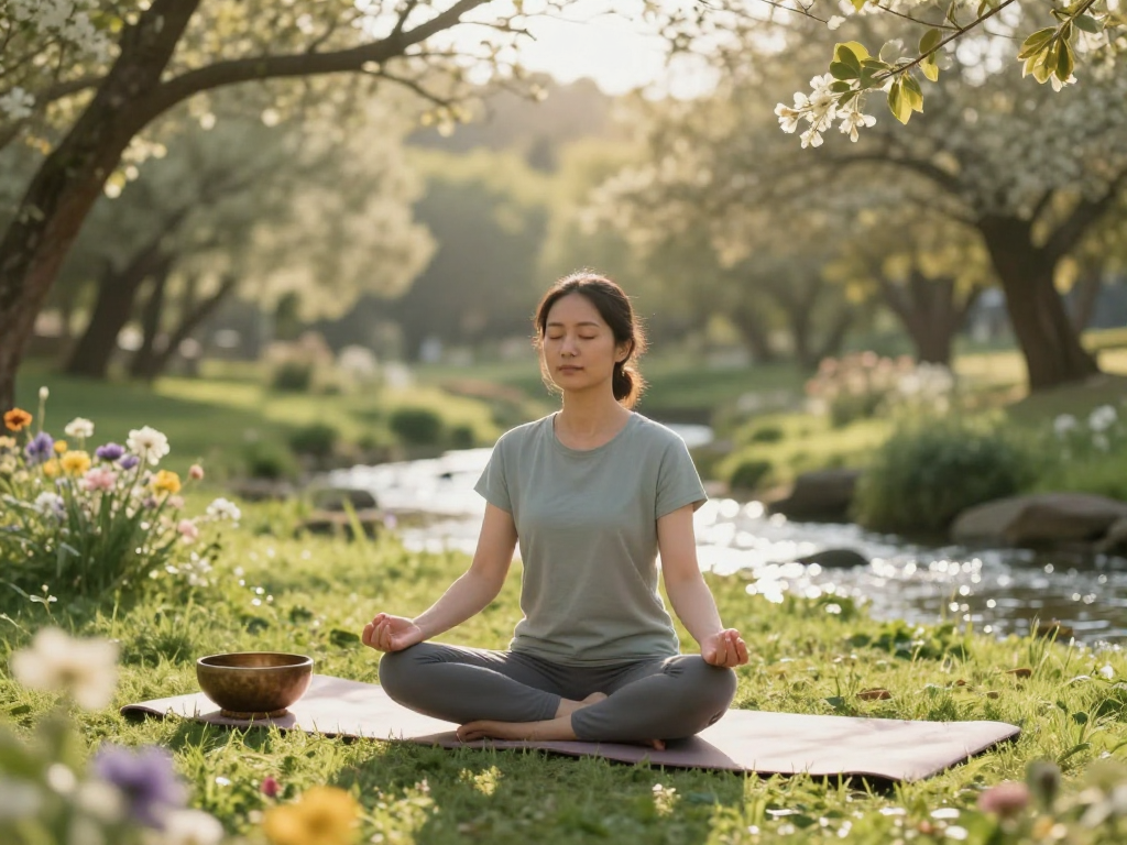Individual practicing mantra 88 meditation in a peaceful outdoor setting surrounded by nature.