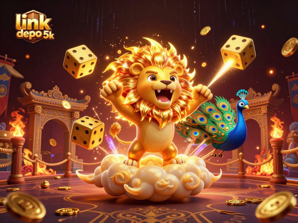 Engage with link depo 5k in a dynamic, vibrant casino-themed illustration featuring a roaring lion.