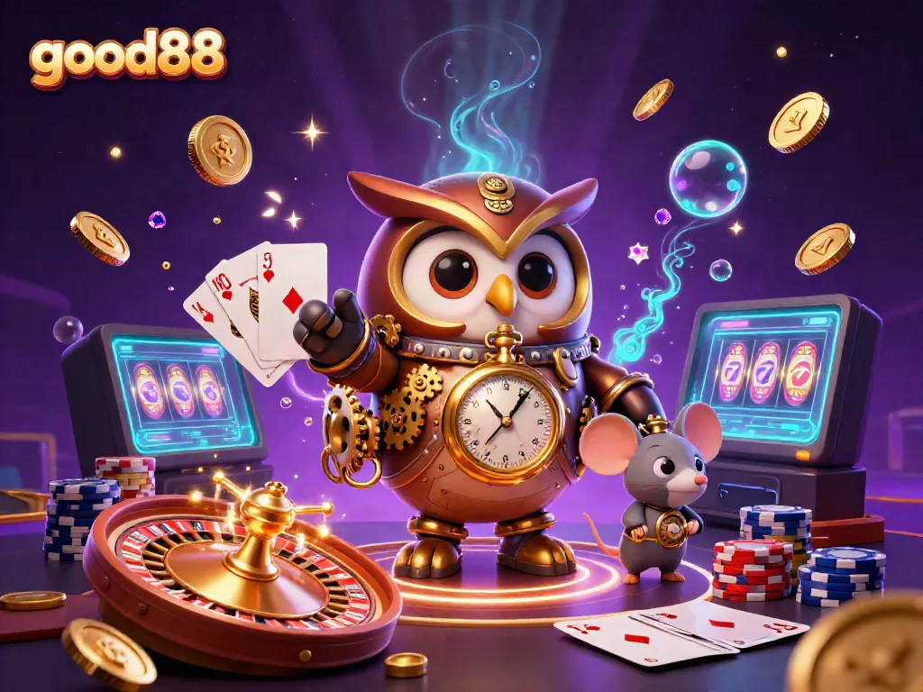 Experience the thrill of good88 with animated steampunk-inspired casino elements and vivid gambling action.