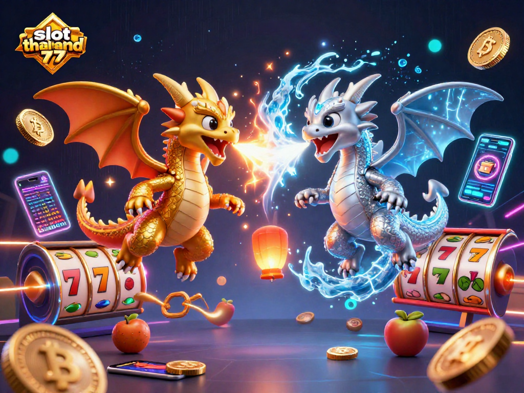 Win big with slot thailand 777 as golden and silver dragons soar above vibrant slot reels.