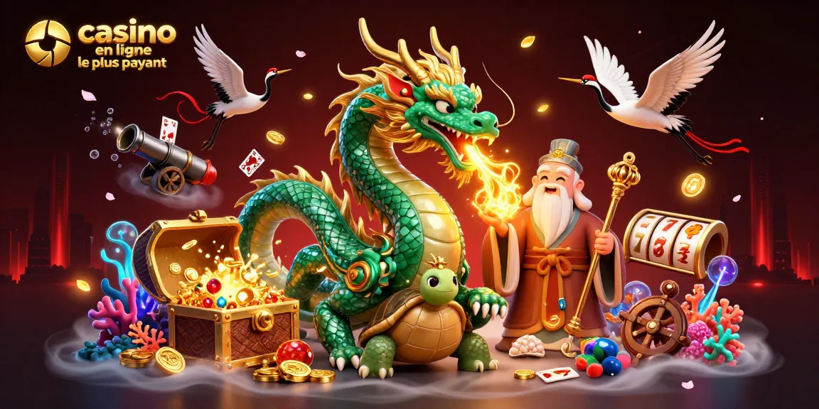 Illustration captivante montrant le casino en ligne le plus payant avec un dragon, une tortue sage et des grues portant des rubans rouges.