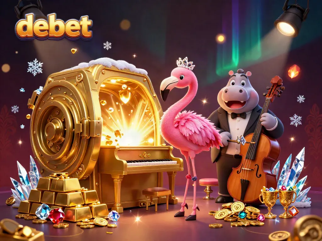 Engage with Debet's vibrant casino scene showcasing flamingo singer and hippo bassist amidst treasure elements.