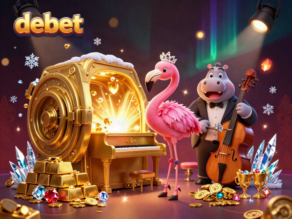 Engage with Debet's vibrant casino scene showcasing flamingo singer and hippo bassist amidst treasure elements.