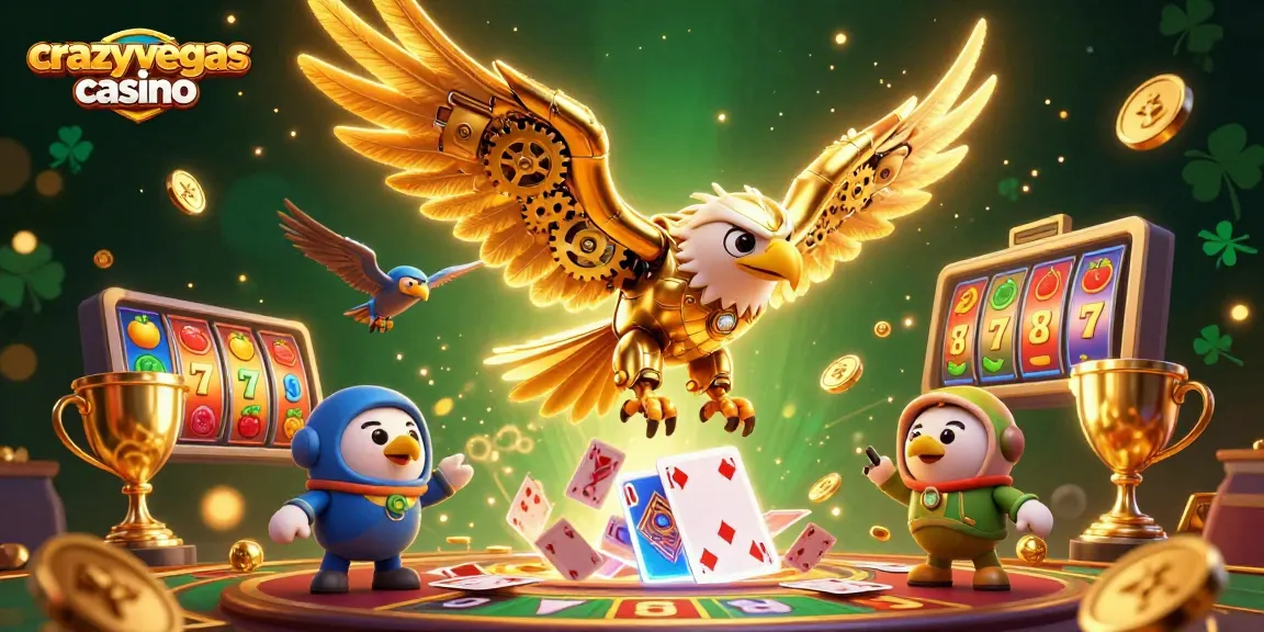 Experience exciting gameplay with crazyvegas casino, featuring a dynamic illustration of a golden eagle amidst slot reels and winning elements.