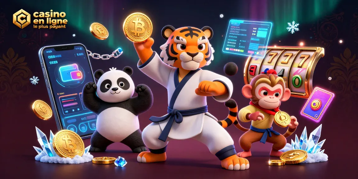 Illustration dynamique de casino en ligne le plus payant avec un tigre maître kung fu et un panda, entourés d'éléments de jeu.