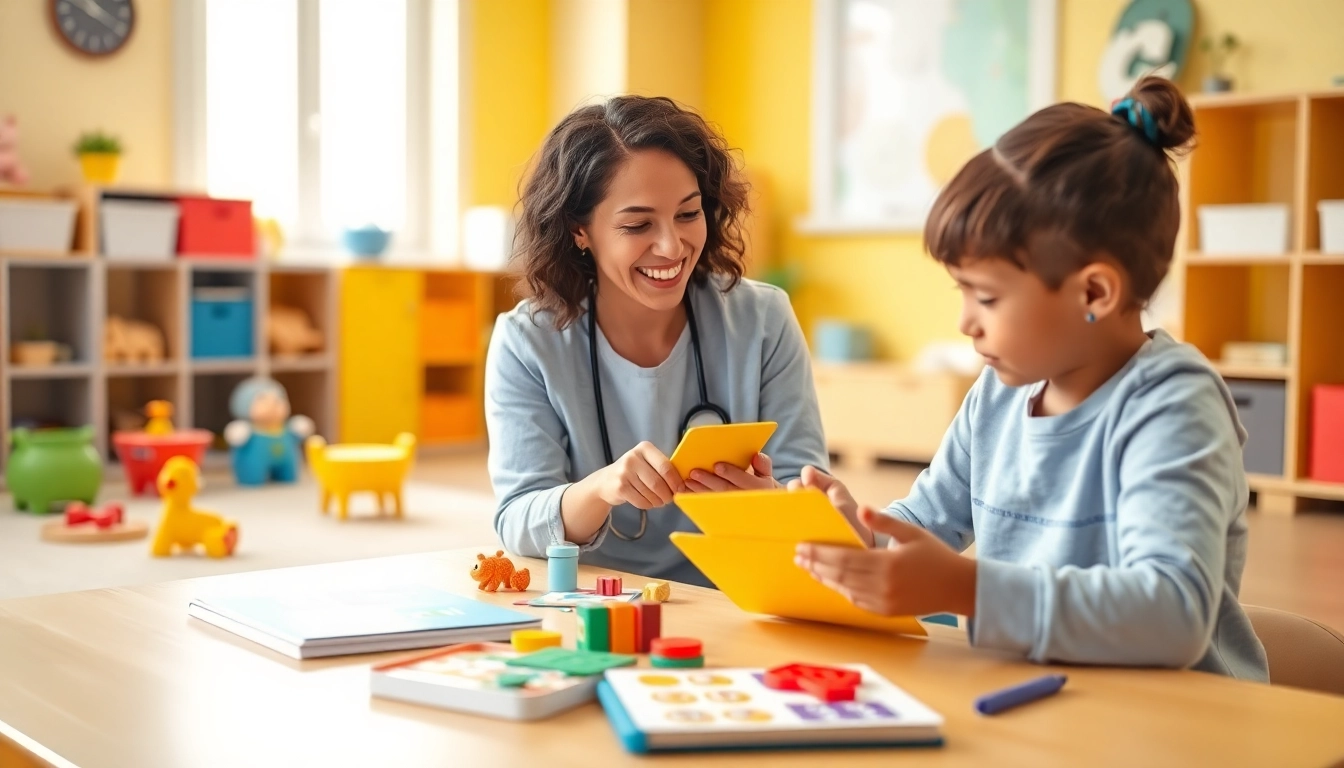Engaging scene of ABA therapy in Novi with a therapist working with children in a vibrant therapy room.