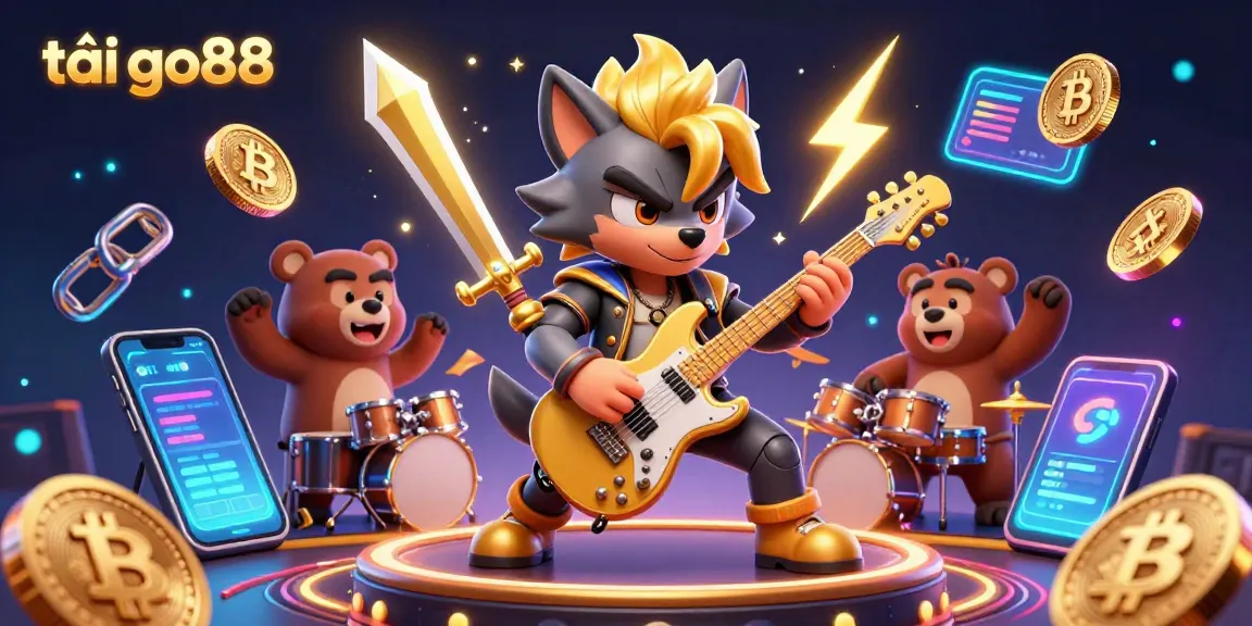 Engage with tải go88 on a thrilling casino stage illuminated by crypto coins and vibrant characters.